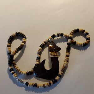 Brown and Tan Puka-Style Necklace with Hawaiian Fish Hook Pendant